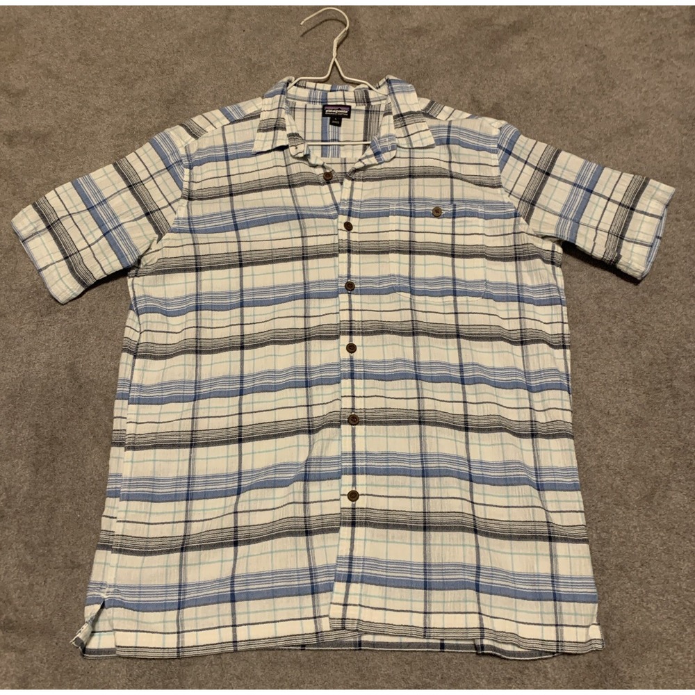 Patagonia Shirt Mens Large Blue‎ Plaid AC Button Up Organic Cotton Crepe Hiking